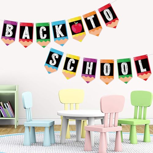 Image of Back to School Banner Welcome Back to School Banner Apples Pencil Garland Photo Backdrop Decor First Day of School Sign for Student Teacher Classroom Kindergarten Preschool Party Decorations