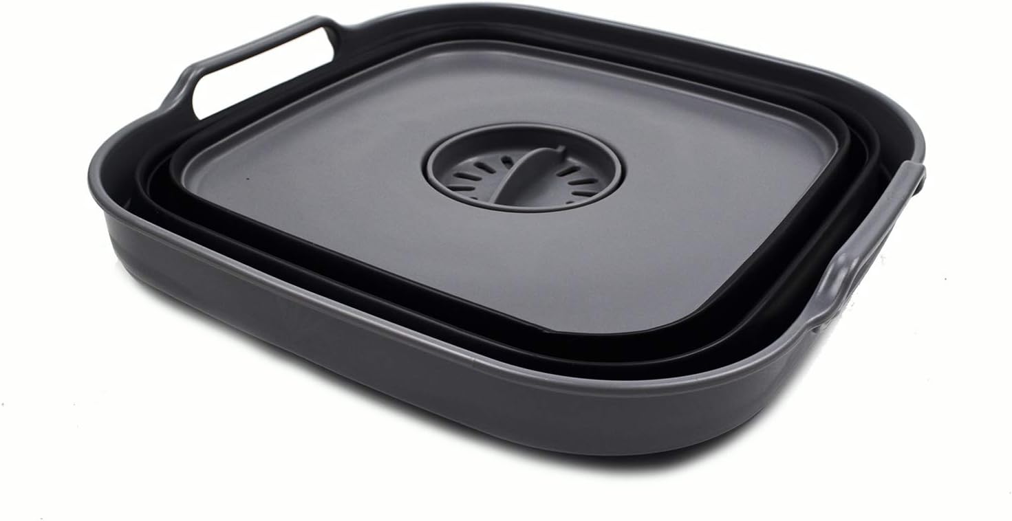 SAMMART 10L (2.64 gallon) Collapsible Dishpan with Draining Plug - Foldable Washing Basin - Portable Dish Washing Tub - Space Saving Kitchen Storage Tray (1, Grey/Black)