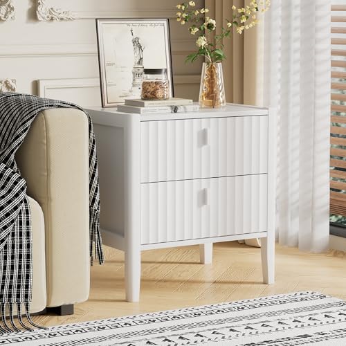 Image of Furniway Nightstand Set of 2, Modern End Table with Solid Wood Legs, Bedside Table with 2 Drawers and Metal Handles for Bedroom, White