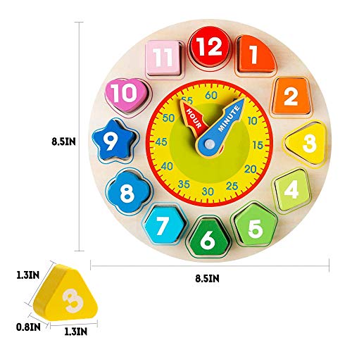 Wooden Shape Color Sorting Clock- Teaching Time Number Blocks Clock Shape Sorting Puzzle Montessori Early Learning Educational Toy Gift For 1 2 3 Year Old Toddler Baby Kids #TOP1