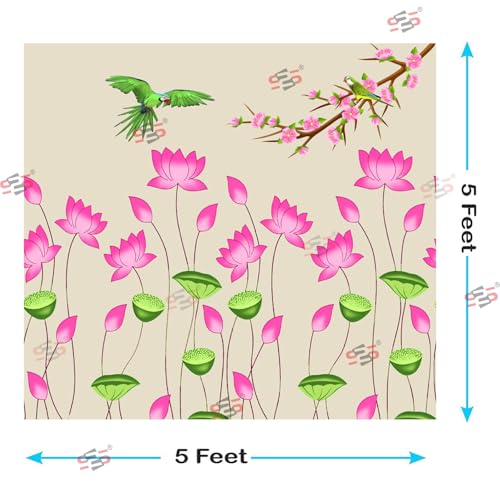 Image of S2S Traditional Lotus Flower Design Backdrop Cloth | for Pooja Decoration Background Curtain Cloth | 5 Feet Height & 5 Feet Width (Lotus Flower with PAROT)