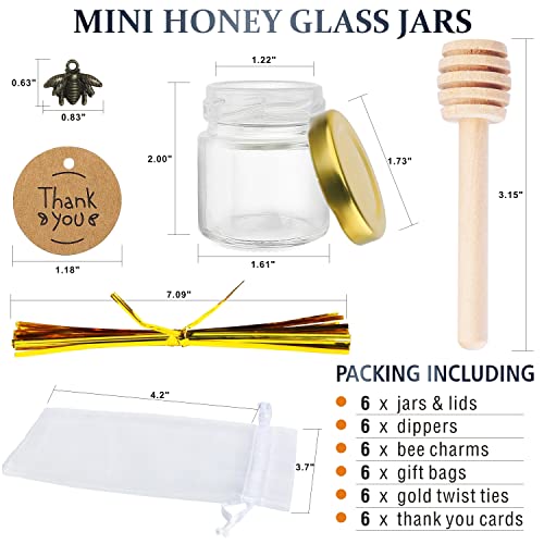 6 Pack 1.5 Oz Mini Glass Honey Jars With Wood Dipper - Little Wedding Jars For Baby Shower Party Favors - Small Glass Favor Jars With Airtight Lids, Bee Pendant,Gift Bag, Gold Twist Tie And Tag #TOP6
