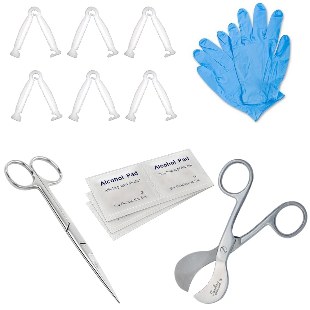Sandbros Whelping Umbilical Kit for Newborn Puppies | Includes Umbilical Scissors, Bandage Scissors, Cord Clamps, Alcohol Wipes & Gloves, Safe Puppy Birth Care Set for Breeders