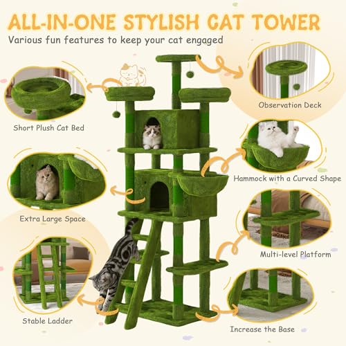 Image of Large Cat Tree, XL Multi-Level Cat Tower for Small & Large Cats with 2 Condos, 3 Perches & Hanging Hammock, Soft Plush Natural Sisal Scratching Posts, Stable for Multi-cat Families (Green)