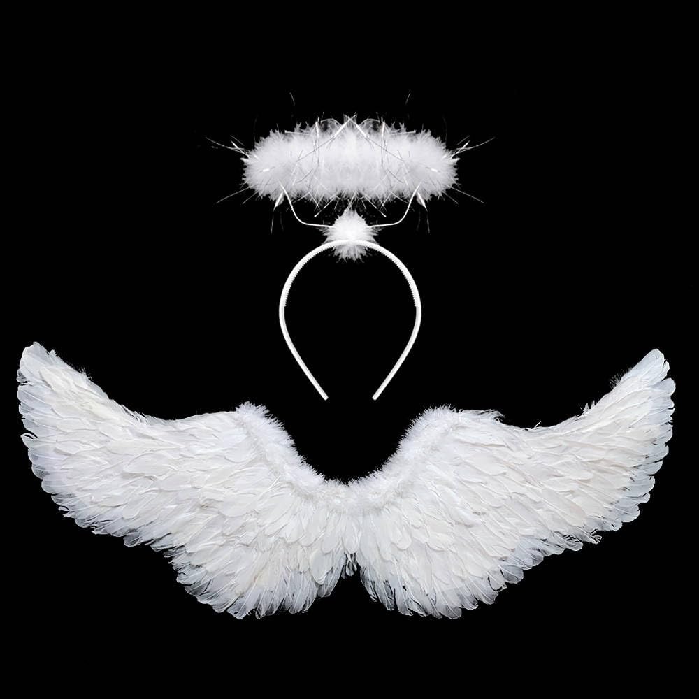 Musdoney Alas de ángel y halo para niños, disfraz de ángel para adultos, alas de plumas utilizadas para Halloween, disfraz de Nochebuena (blanco)