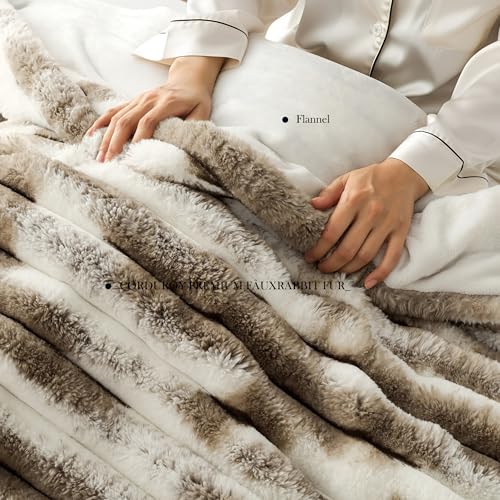 Image of Wonderful Fluffy Faux Rabbit Fur Comforter Set King Size, Striped Stitching Tie-Dye Khaki Plush Fuzzy Bedding Set 3 Pieces, Warm Soft Comforter Bedding Set for Winter, 104 inchx90 inch