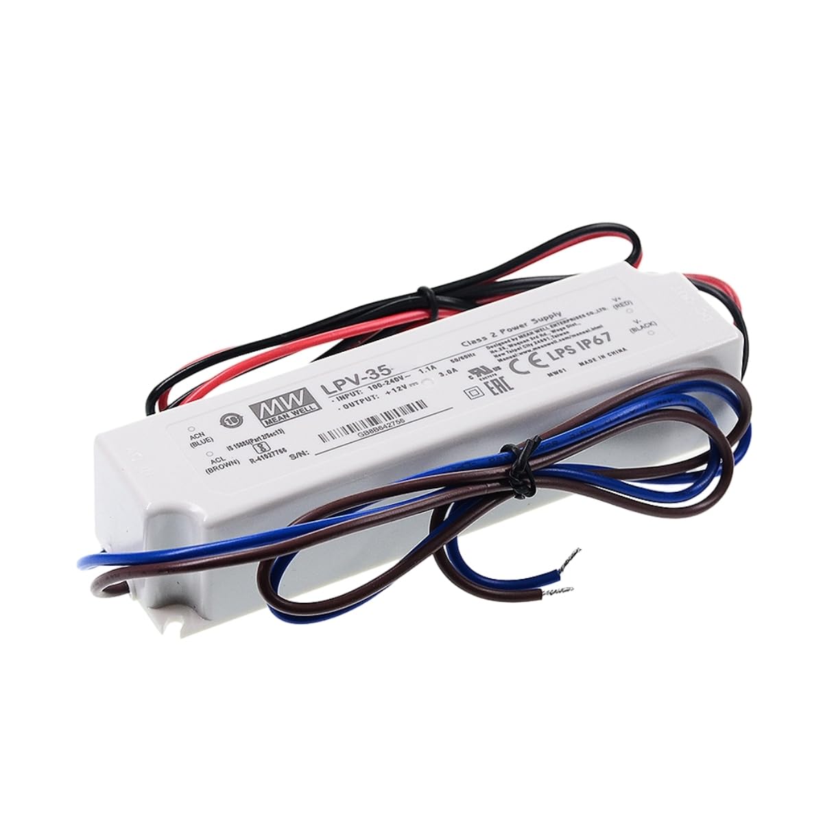 Mean Well LPV 35W 36V 1A LED Driver， LPV-35-36 AC-DC Single Output Switching Power Supply Converter Transformer with IP67, Constant Pressure