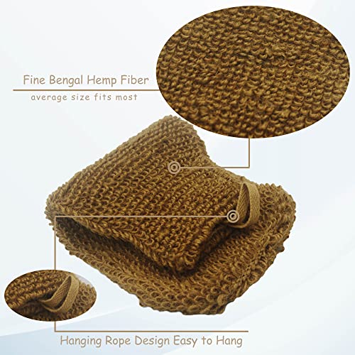 Natural Vegetable Fiber Dual Sided Exfoliating Hemp Flax Ramie Glove Hand Mitt Mitten Shaped Back And Body Shower Bath Scrubber Brown, Remove Dead Skin Machine Washable, Pack Of 2 #TOP1