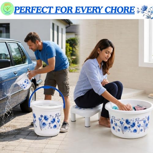 Image of Heavy Duty Virgin Plastic Large Capacity 16 L Bucket, 5 L Bucket, Patla, Deep Tub, Dustbin, 1.5 L Mug, 1 L Mug, Soap Case, Dustpan, Tooth Brush Stand Bathroom Set (White Blue, Queen)