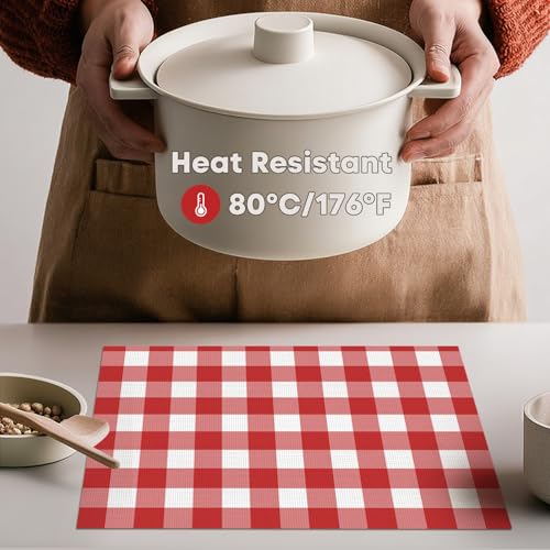 Artoid Mode Buffalo Plaid Vinyl Placemats Set of 4, 12x18 Inch Washable Non-Slip Heat Resistant Plastic Place Mats for Party Dining Table, Red/White by Artoid Mode - Used condition - Image 3