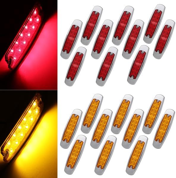 20x 12V DC 6.4 Inch 10 Amber 10 Red 12 LED Clearance Side Marker Lights Lorry Trailer Truck RV Chrome Housing