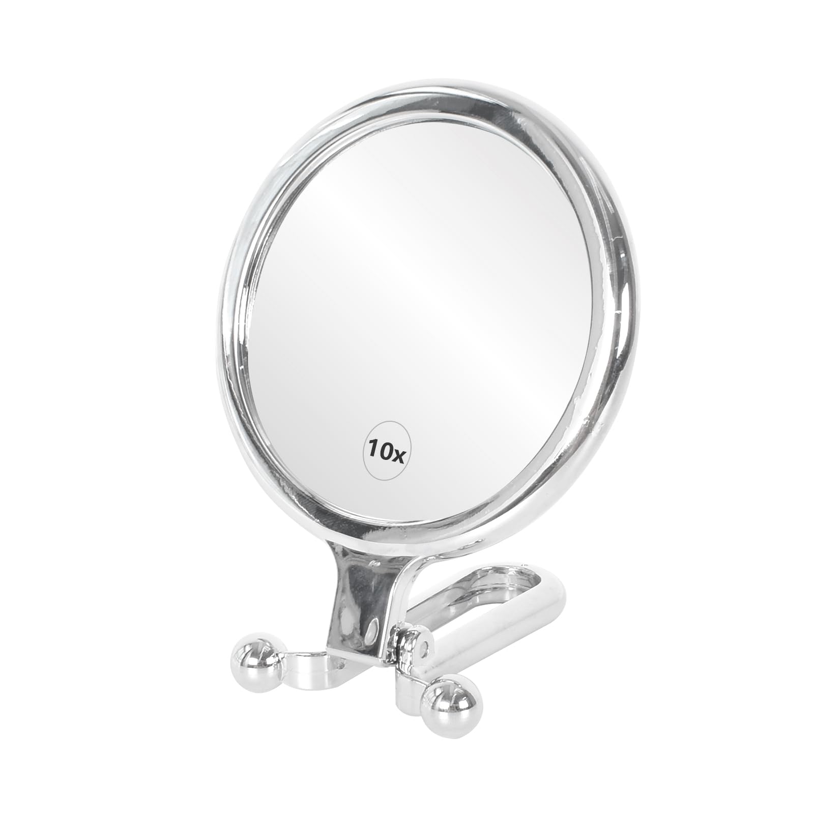 Espejo de Mano, Espejo de Aumento 10x/1x, Mano de Doble Cara Espejos Maquillaje Mano Doble Cara, Espejo de Maquillaje con Asa Plegable Colgar Pared (Acrilonitrilo butadieno estireno, Plateado)