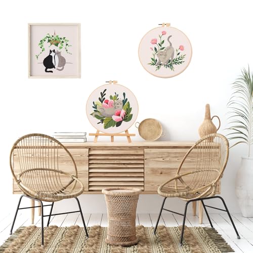 Image of LB Funny Cat Embroidery Kit for Beginners Adults, 3 Sets Hand Embroidery Starter Kit with Floral Pattern and Instructions Stamped Cross Stitch Kits Include Embroidery Hoop Needles Threads Scissors