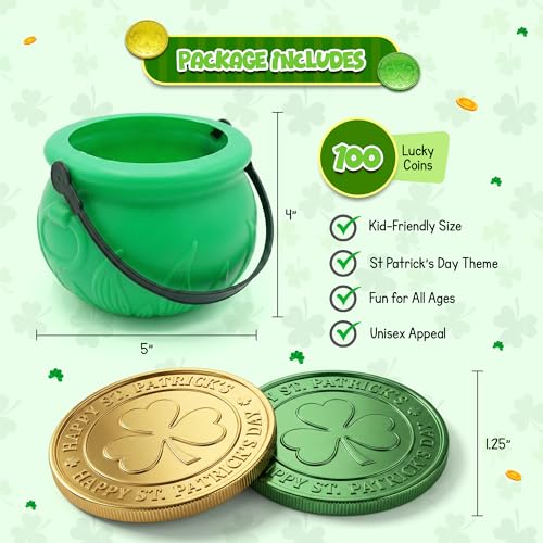 4E's Novelty 5 Inch St Patricks Day Pot of Gold Decorations with 100 Lucky Coins - Green Pot of Gold Cauldron Plastic Bucket for Leprechaun Decorations, Green & Gold Coins Plastic by 4E's Novelty - Image 4