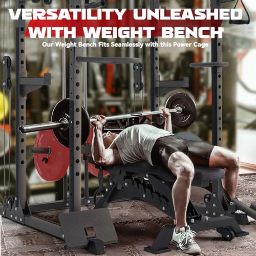 RUNREELY Full Power Rack with Cable Crossover System, 1000LBS Power Cage Home Gym Workout Rack for Weight Lifting and Bench Press Training