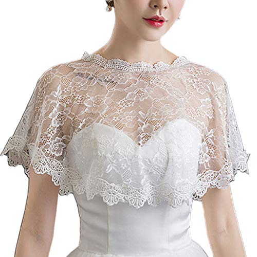 Wedding Shawl Women Embroidery Floral Lace Cape Wedding Bridal Prom Shawl Shrug Shoulder Cover, 33cm, White