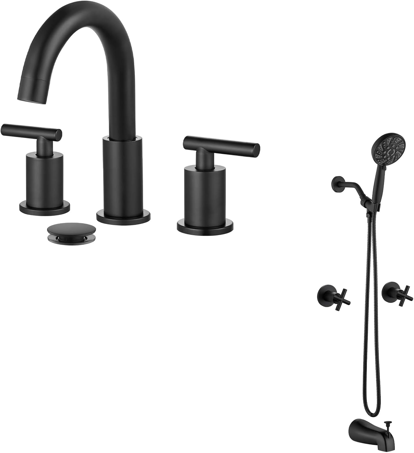 gotonovo 3 Hole 2 Handles Bathroom Sink Faucet with Pop Up Drain 8 Inch Widespread Bathroom Faucet with gotonovo 2 Handles Tub Shower Faucet Set with 6 Modes Handheld Spray Matte Black