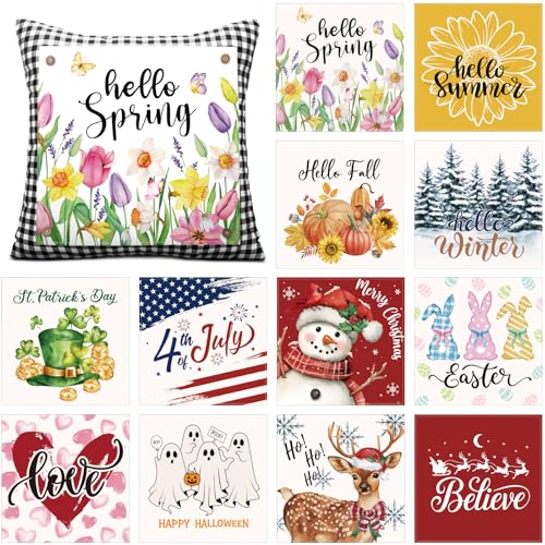 Hahafelt Set of 13 Seasonal Holiday Throw Pillow Covers 18x18 in with 12 Interchangeable Panels Spring Summer 4th of July 250th Anniversary Decorative Square Pillowcase for Farmhouse Sofa Home Decor