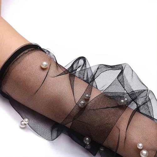 Halloween Fingerless Pearl Black Gloves Long Tulle Wedding Gloves for Bride Halloween Cosplay Bridal Decoration for Women and Girls 1 Pair2