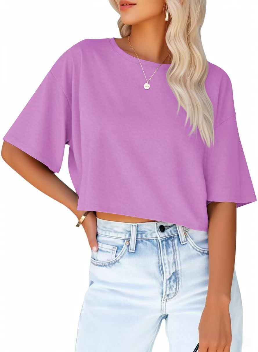 Women's Crop Tops Trendy 2026 Half Sleeve Crewneck Cropped Tee Shirts Summer Workout Tops