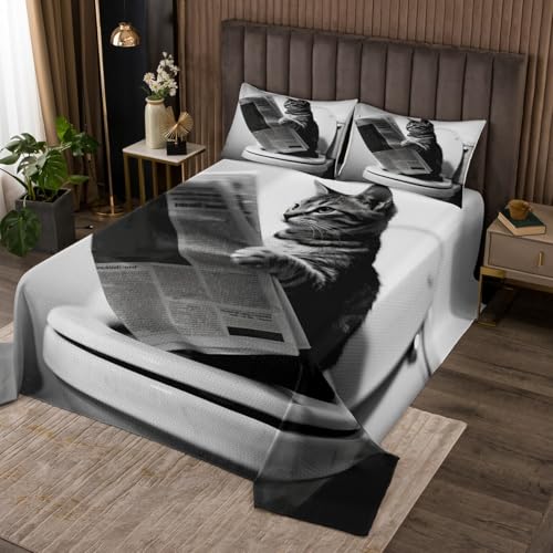 Erosebridal Cat Quilted King Size Kawaii Kitten Bedspread for Kids Boys Girls Newspaper Reading Cute 3D Black Grey White Quilted Coverlet Soft Luxury Coverlet Set