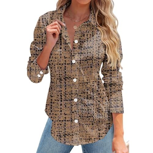 Rapbin Button Down Shirts for Women Long Sleeve Wrinkle Free Dress Shirts Casual Collared Blouses Business Work Tops Black Dots Khaki Small
