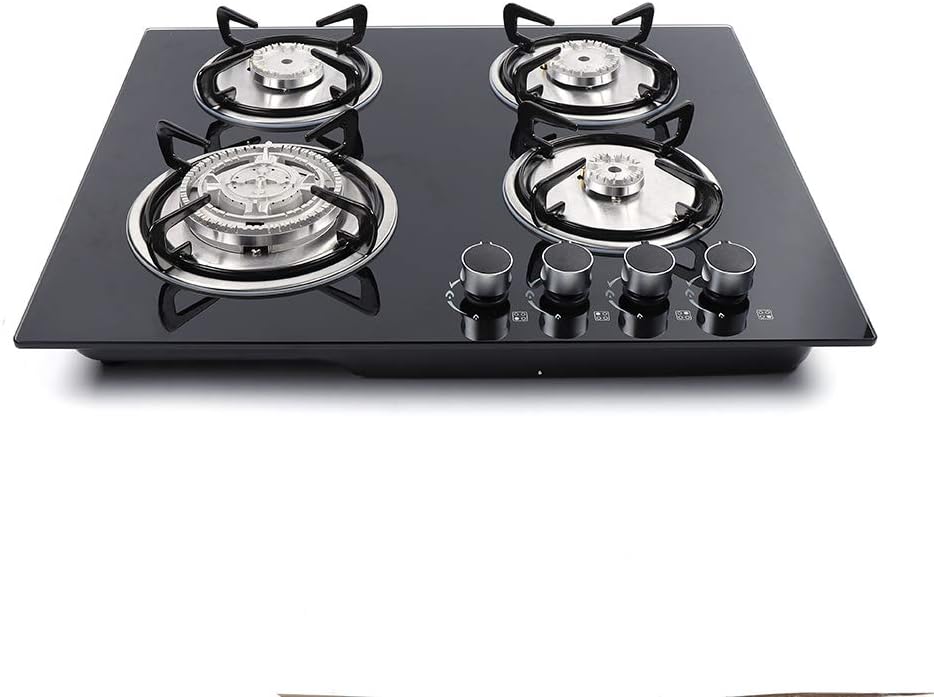 Gas Cooktop 4 Burners Built-in Gas Stove, Stainless Steel Gas Stove Dual Fuel Sealed Gas Stove, LPG/NG Gas Stove, Easy to Clean with Black Tempered Glass Hob Gas Cooker for Kitchen