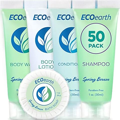 EcoEarth Hotel Toiletries Bundle (Spring Breeze, 1 oz each, 250 Pieces) 5-Piece Set: 50 each Round Bar Soap, Shampoo, Conditioner, Body Lotion & Body Wash - Bulk Mini Guest Amenities Cover
