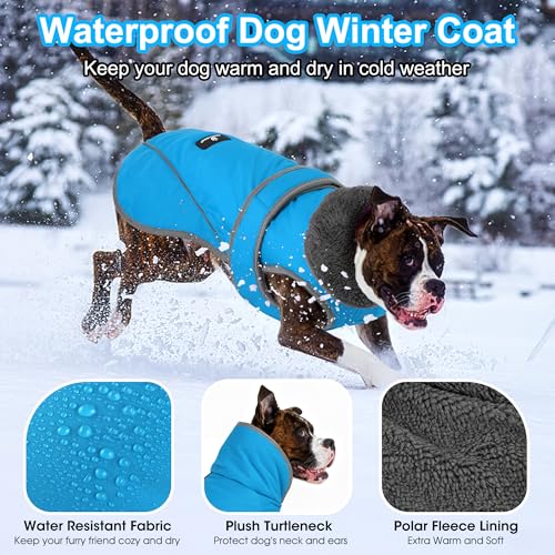 Image of Dogcheer Dog Coat, Waterproof Dog Jacket Reflective Pet Winter Coat with Adjustable Hook & Loop, Christmas Puppy Fleece Jacket Warm Turtleneck Snowsuit for Small Medium Large Dogs - Sky Blue, S