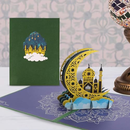 Image of 3D Pop Up Eid Mubarak Card for Adha/Fitr, Gold Moon Islamic Architecture Greeting Card, Muslim Party Celebration Card Gift