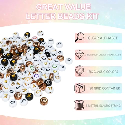 Image of Amaney 1500 Pieces 6 Colors 4x7mm Round Acrylic Alphabet Letter Beads A-Z Mixed and Crystal Line for Jewelry Making