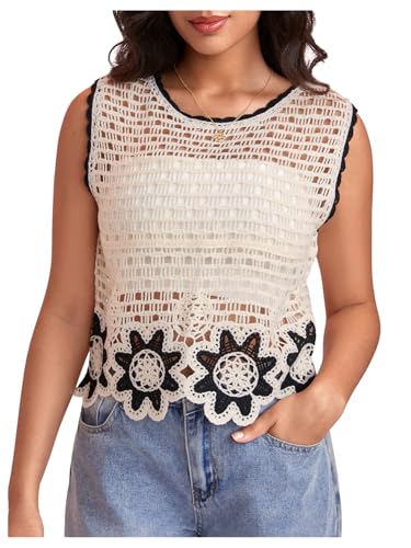 WDIRARA Women's Crochet Knit Sweater Vest Floral Hollow Out Crew Neck Sleeveless Tank Tops Knitwear2