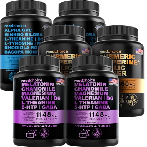 MEDCHOICE Sleep Melatonin (180ct), Turmeric & Ginger (240ct), and Nootropic Brain (120ct) Supplement Bundle - Wellness Trio for Brain, Sleep, & Immune Support - Vegan, Non-GMO, Gluten-Free
