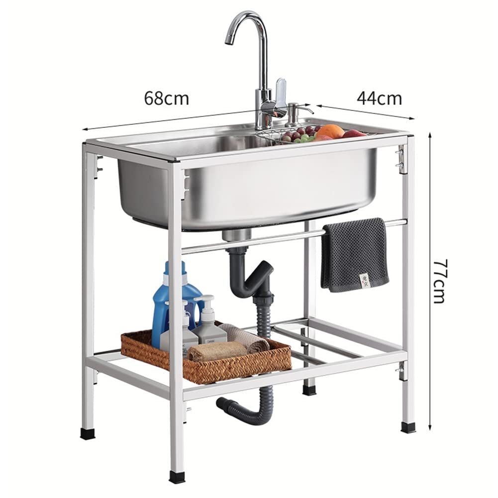 Lavello da cucina a vasca singola in acciaio inox, autoportante, per ristorante, e lavandino, con ripiani portaoggetti, multiuso per lavanderia, argento-c-68 x 44 cm