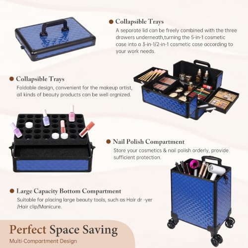 Image of 5 in 1 Rolling Makeup Train Case Professional Cosmetic Trolley Large Storage Organizer on Wheels for Hairstylist Artist Nail Beauty Salon Barber Blue