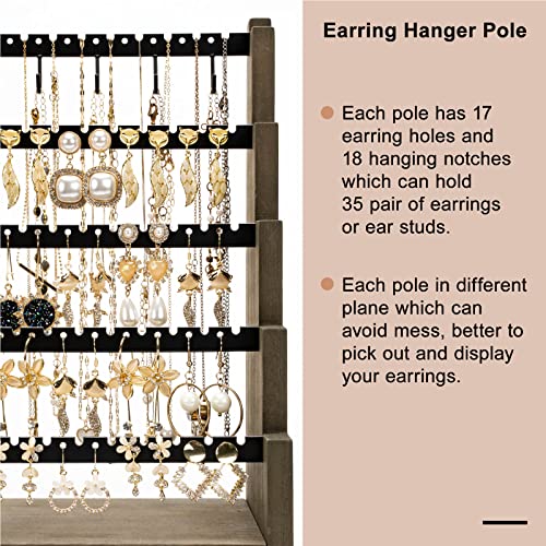 Pinzoveco Earring Organizer, 5 Layer Earring Holder Organizer With Metal Necklace Holder Pole, Rustic Wood Jewelry Organizer Stand Display For Stud Earring Bracelet Necklace Ring, 175 Earring Holes #TOP2