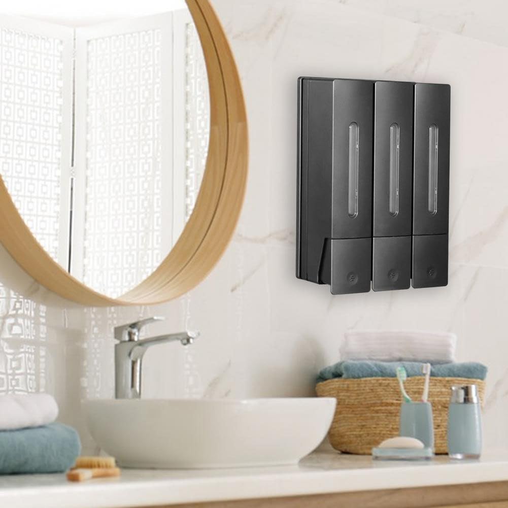 Dispenser di sapone a 3 scomparti, 400 ml, montaggio a parete, per gel doccia e shampoo, progettato per risparmiare spazio e mantenere un ambiente pulito del bagno con caratteristiche impermeabili