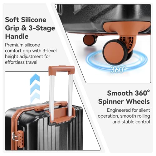 Image of Hoteel Luggage Sets 3 Piece, 4-Yr Warranty Durable Suitcase Dual-Spinner Wheel TSA Lock, Lightweight Travel Hardshell PC+ABS Carry on Luggage for Men&Women, Black(20in /GB /TB)