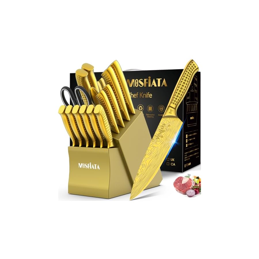 MOSFiATA Kitchen Knife Set, 17 Pcs Japanese Stainless Steel Knife Sets for Kitchen with Block with Knife Sharpening Rod, Dishwasher Safe, Gift Set,Titanium Plated Knife Block Set