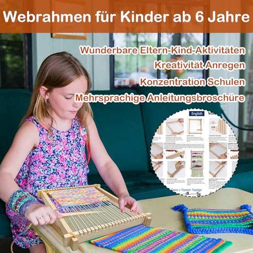 LYKTRIX Kinder-Webrahmen Holz-Webstuhl-Set,Webrahmen für Kinder 4-12 Jahre, mit 13-teiligem Zubehör (Garn, Nadel, Webkamm) zum Weben von runden/quadratischen Wandteppichen & Untersetzern