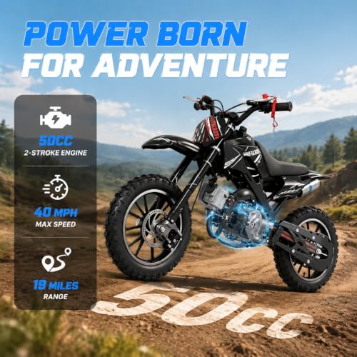 Image of 50cc Dirt Bike, 2 Stroke Gas Mini Bike for Kids 8-15 with Front Rear Disc Brakes