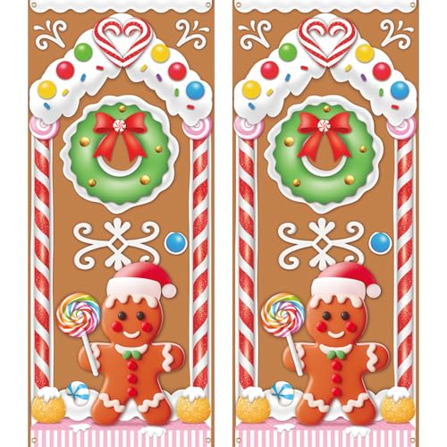Christmas Gingerbread House Door Cover Decorations - Gingerbread Door Banner for Candyland Party Backdrop Decor Indoor Outdoor, 72×30 Inches