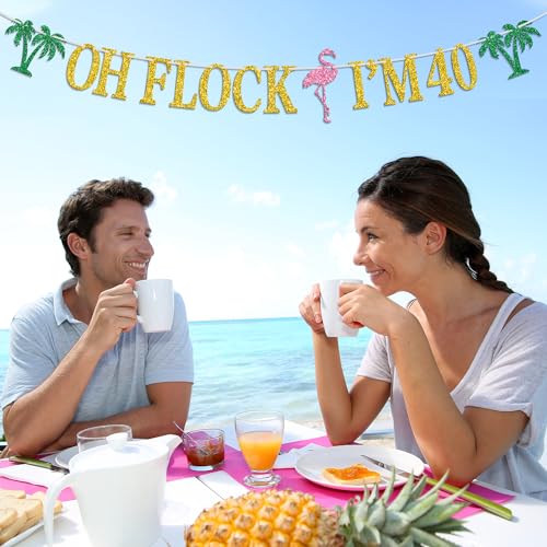 Image of Oh Flock I'm 40 Banner, Glitter Happy 40th Birthday Anniversary Party Decorations, Pineapple Party Decor, Hawaiian Luau Tropical Aloha 40 Theme Party Photo Props
