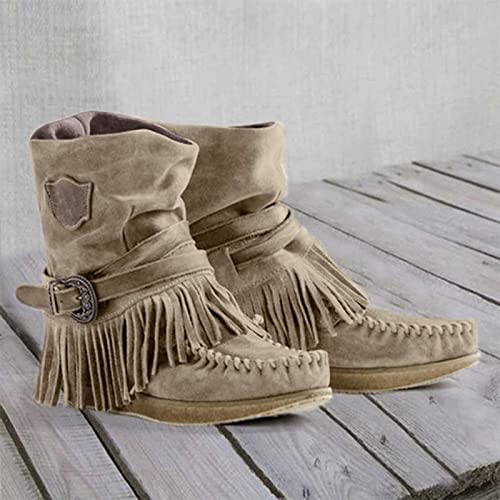 Bcshiye Tassel Boots for Women Moccasin Suede Ankle Booties Winter Round Toe Vintage Buckle Strap Mid-Calf Flat Shoes4