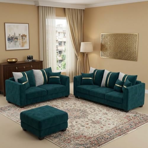 Image of Vero Plush Comfort Sofa Set | 3 Seater + 2 Seater with Ottoman | Luxury Velvet Suede Fabric | Modern Living Room Sofa | Green Teal