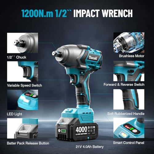 Uaoaii 1/2 Impact Wrench 1200N.m, 1/2 Impact Gun & 2x 21V 4000mAh Batteries, Fast Charger, 4 Sockets & Storage Box, High Torque Impact Drive for Lug Nuts, Cars, Tires by Uaoaii - Image 8