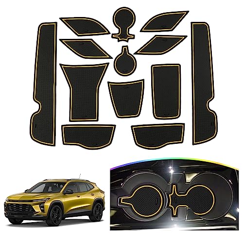 Image of SKTU 2024 2025 2026 Chevy Trax Door Slot Mat for 2024 2025 2026 Chevrolet Trax (LS,1RS,LT,2RS,ACTIV) 14PCS Fit Door Compartment Cup Center Console Liners (Yellow)