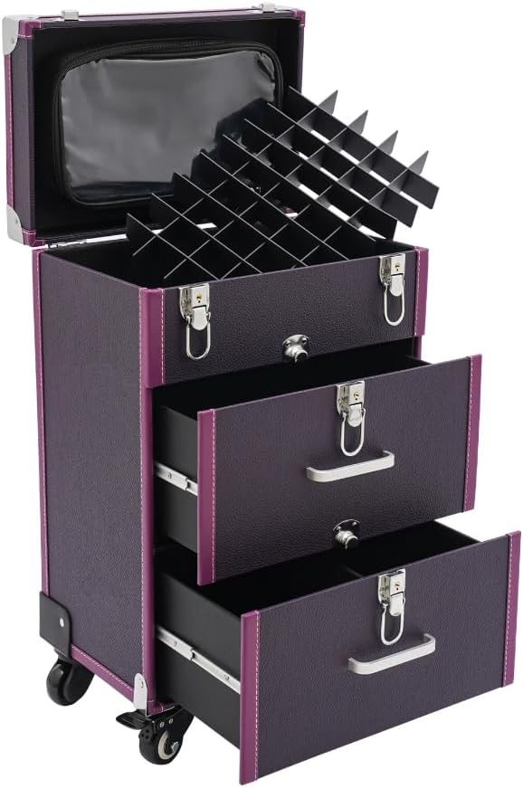 Rolling Makeup Case, Professional Makeup Trolley with 2 Large Drawers and Wheels Cosmetic Organizer Trolley for Studio or Travelling Nail Technician Artists Cosmetologist Stylist (Silver, Purple)