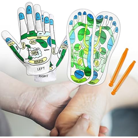 Elfzone Reflexology Socks with Tools - 4 Pcs - Socks and Gloves Acupressure Reflexology Tools, Tutorial Reflexology Gloves with Massage Sandal, Pain Relief Acupuncture Socks for Foot Massage (2 Rods) Cover