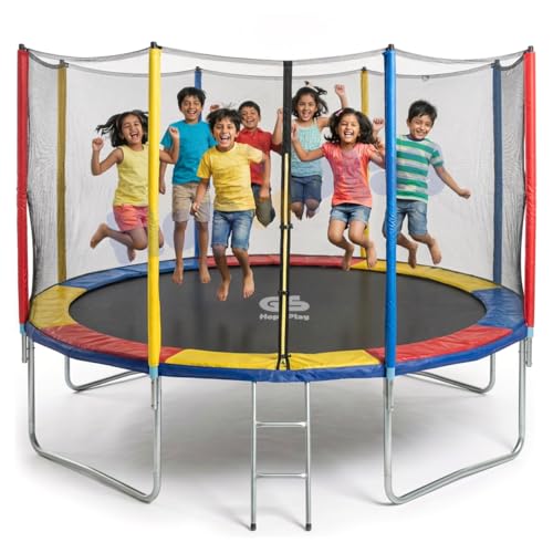 Image of Hop N Play 12FT Rainbow Trampoline for Kids & Adults | Heavy Duty, 200kg Capacity, Safety Net, Ladder, Indoor /Outdoor Fitness Bouncer for Family Fun & Exercise